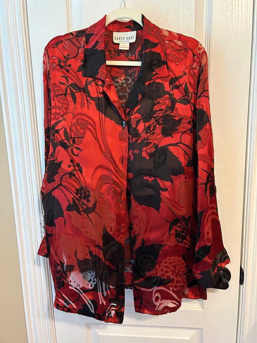 Red & Black Button Down Silk Blend Printed Top Sz L